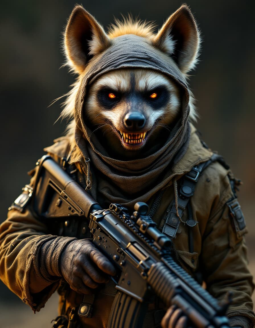 AI generated: A menacing hyena terrorist wearing rag-tag attire, holding a customized rifle, anthropomorphic, supe...