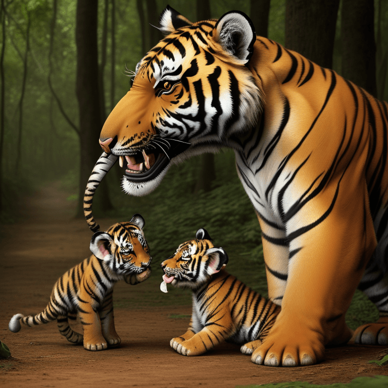 AI generated: Tiger cub playing with baby elephant in forest
