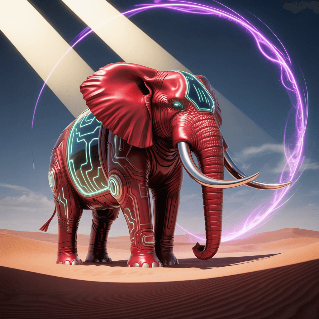 AI generated: red cybernetic elephant surrealism