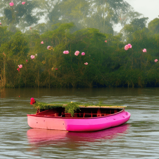AI generated: A rose on a Boat floating in the river amazon
