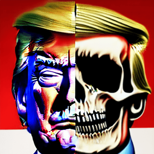 AI generated: image of donald trump with a vicious expression with his face stretched over the surface of a skull ...