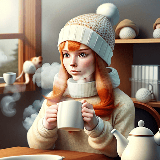 AI generated: ginger and white furred hamster with a knitted hat and jumper. hamster holding a steaming cup of tea...