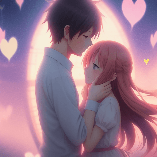 AI generated: anime art, adorable young couple showing affection and love, romantic, floating hearts, detailed, ci...