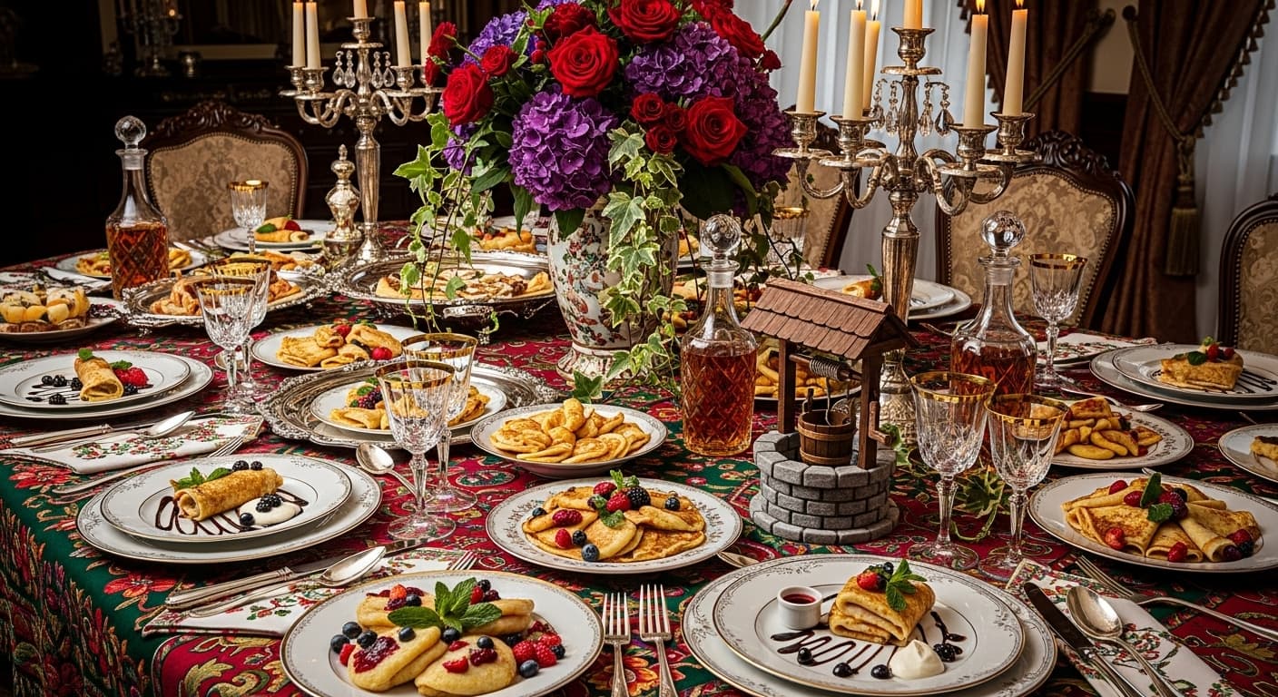 AI generated: Nalisniki at the well decorated dinner colorful rich Victorian table, hyper realustic, high resoluti...