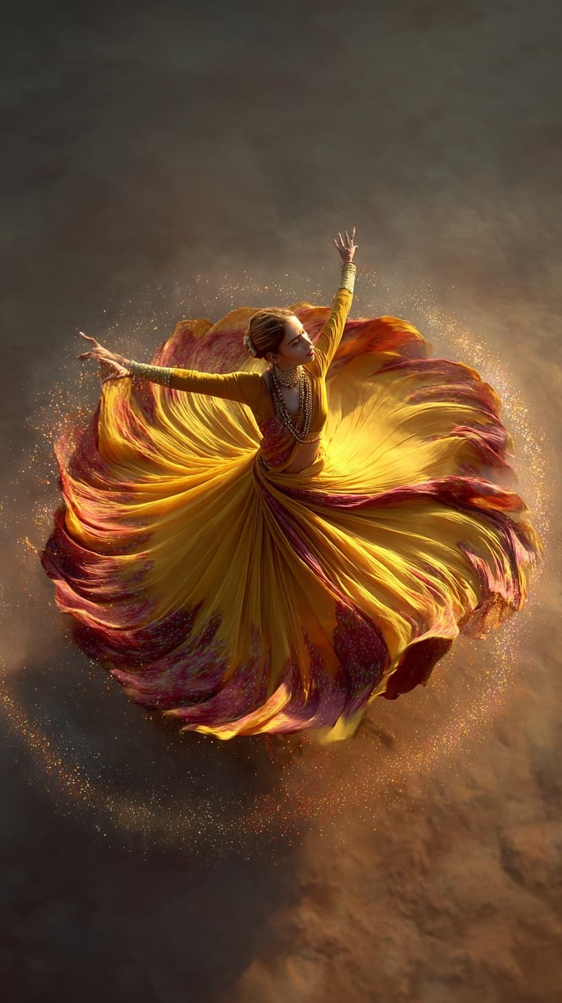 AI generated: A mesmerizing Indian female dancer captured in mid-whirl from a dramatic top-angle shot. She wears a...