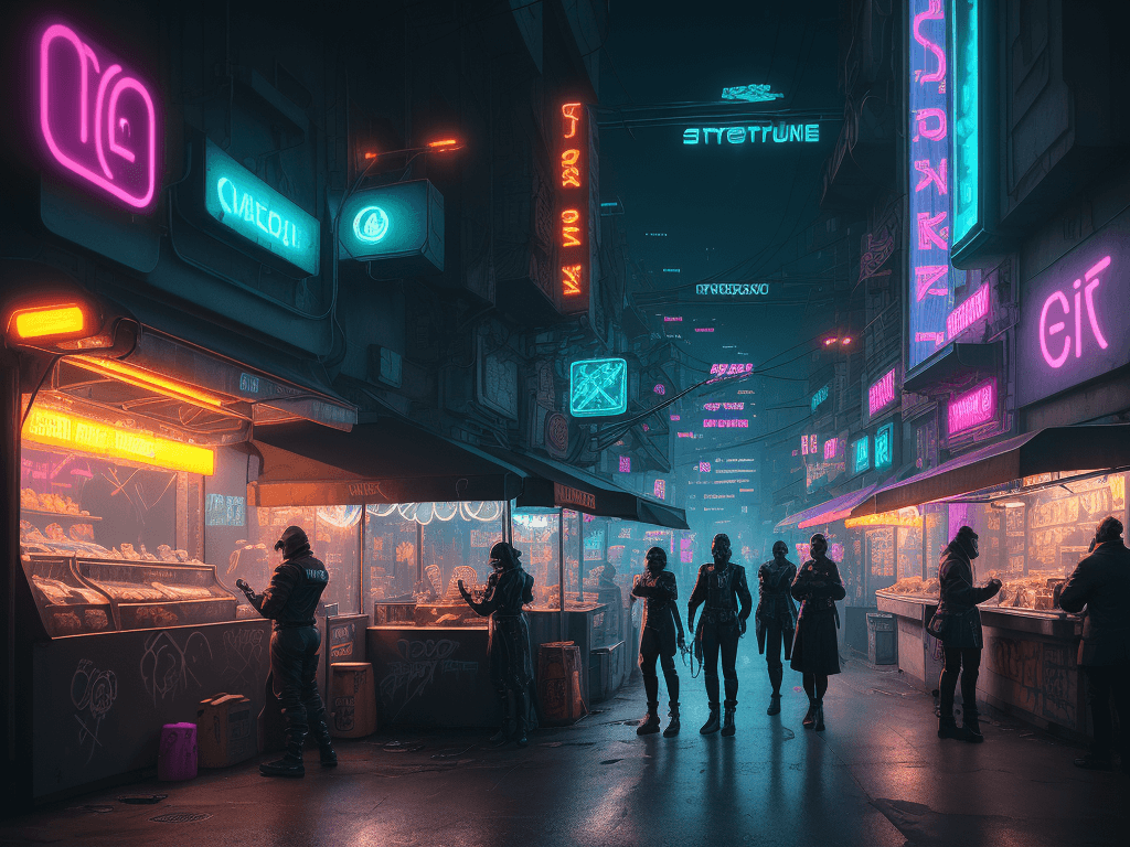 AI generated: cafe and street vendors in a cyberpunk street, futuristic design, electronic artwork, techno-noir, a...