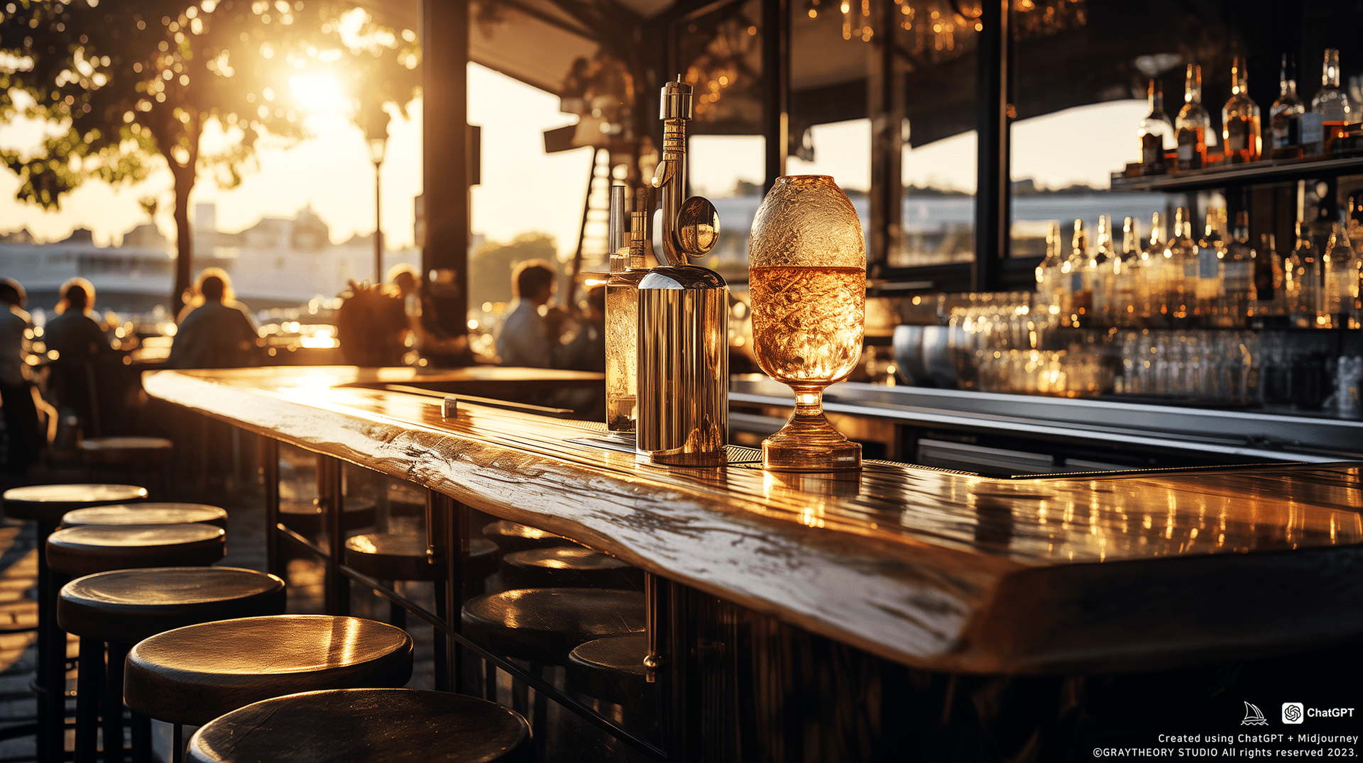 AI generated: Candid Shot, canon EOS 5D, cafe, wooden bar counter, realistic busy hour, golden hour, realistic sun...