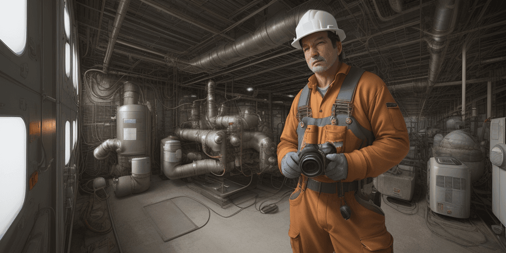 AI generated: Mood: serenity; atmosphere peaceful; still photography; Mario Testino; HVAC worker; rugged gear; ind...