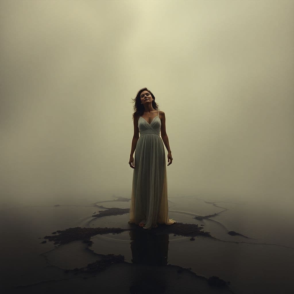AI generated: Image of a standing woman melting into the ground