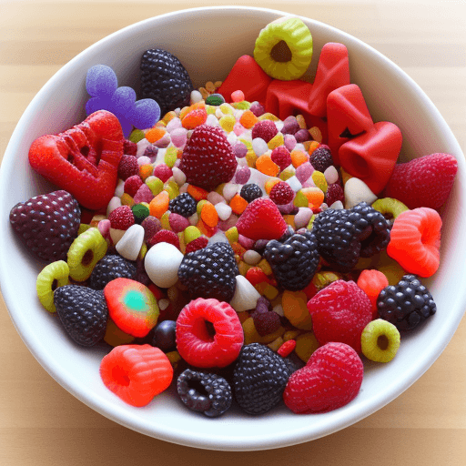 AI generated: halloween candy in a bowl with fruit, strawberries, blackberries, raspberries, gummy bears, cookies