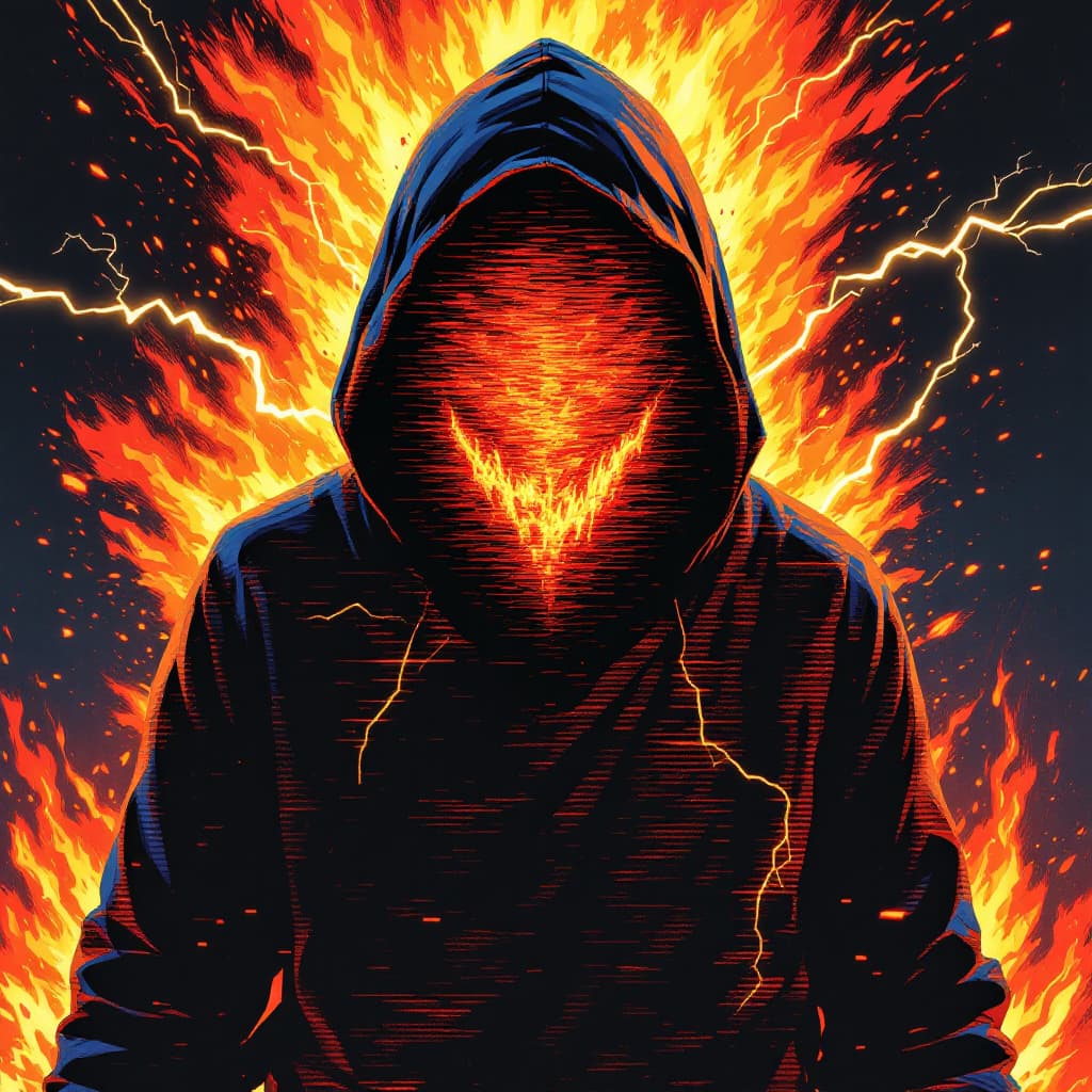 AI generated: A hooded figure stands before you, its face entirely consumed by the blidings flickering violently w...