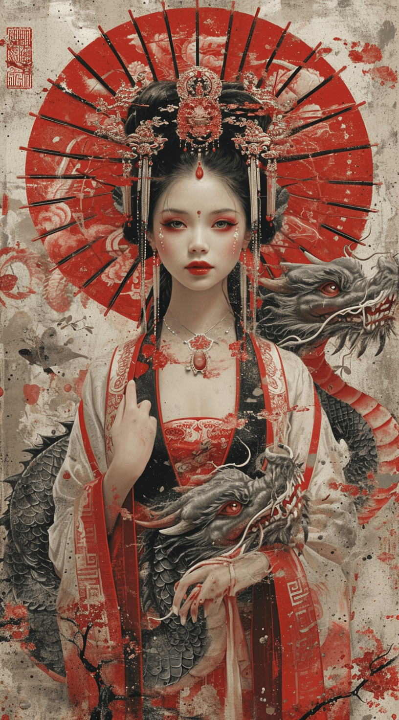 AI generated: vintage poster of a Chinese woman with a dragon in her arms, in the style of Brian M. viveros, multi...
