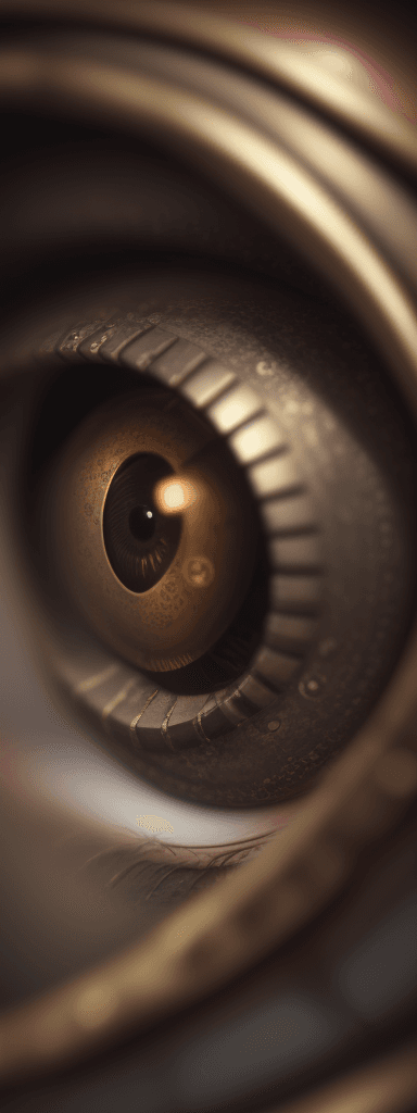 AI generated: extremely realistic, steampunk eye, full view of eye, blurry middle background, ornamental, macro sh...