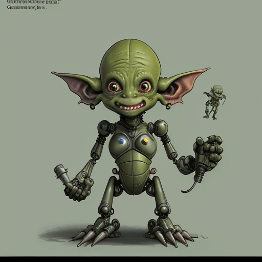 AI generated: Goblin with cybernetics. Cartoon. Sci fi. Robotic.