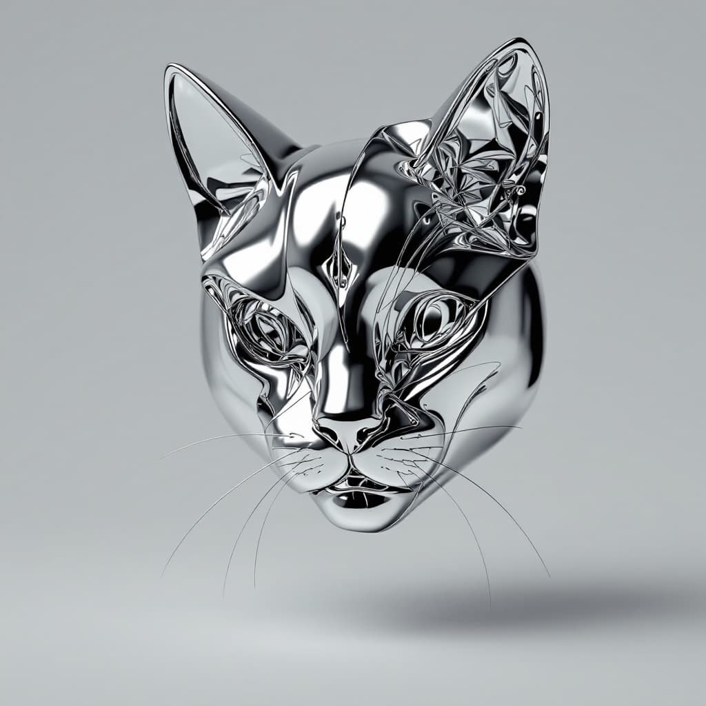AI generated: highly reflective, polished metal cat face, distorted and twisted into abstract shapes, reflecting a...