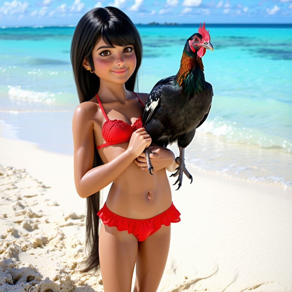 AI generated: Dark black haired girl with petite body about 10 years old and white skin in red lingerie and beauti...