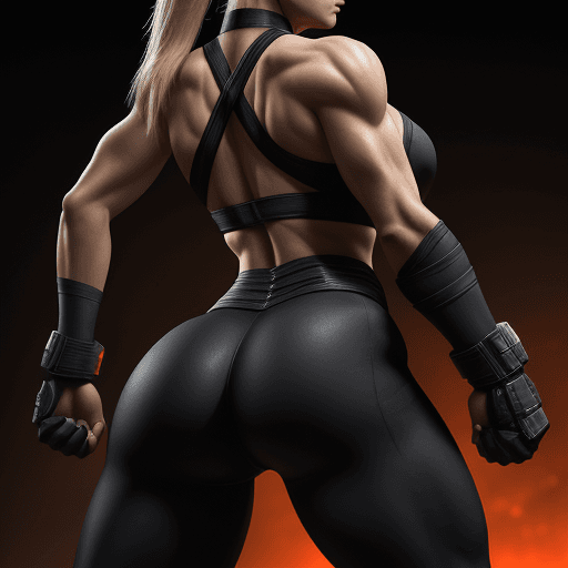 AI generated: Sonya Blade Mortal Kombat, standing with his back, beautiful body, sports legs in leggings, atmosphe...