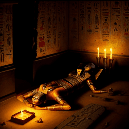 AI generated: eyptian mummy lying down and egyptian painted room dimly lit with fire torches scary