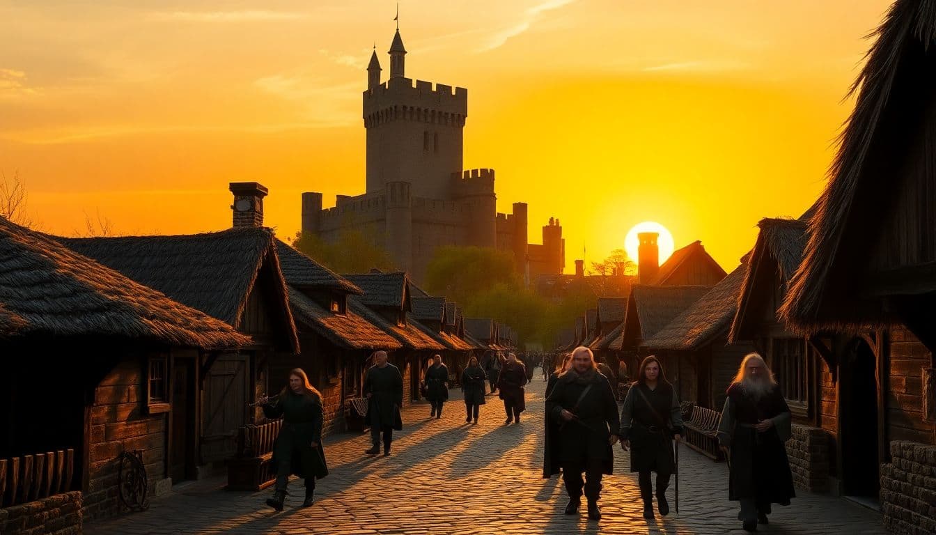 AI generated: a medieval-style village at sunset, with a castle in the background. The village is made up of sever...