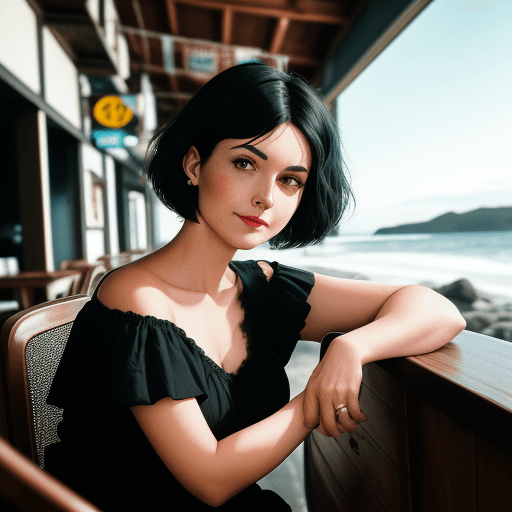 AI generated: a dark hair woman with short hair leans on a chair, in the style of social media portraiture, earthc...