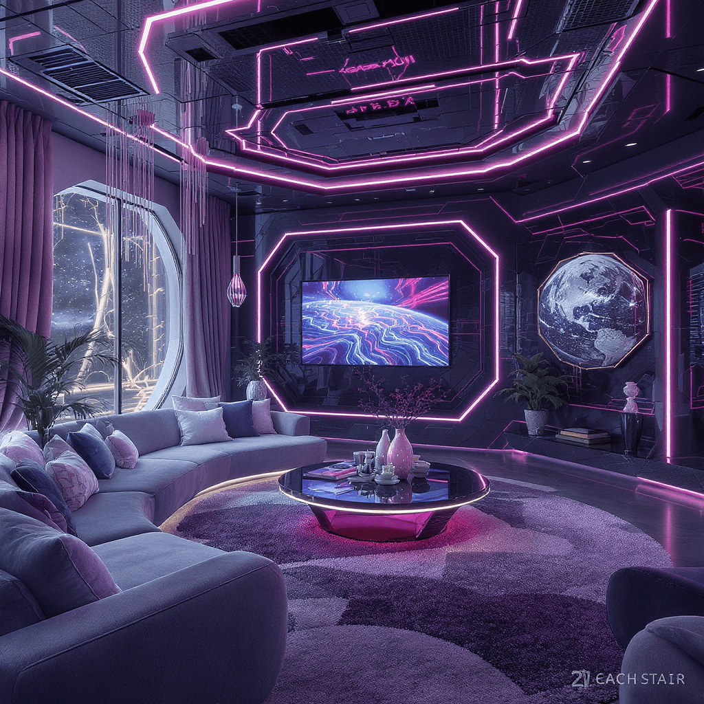 AI generated: a realistic synthwave designed living room with futuristic funiture, intricate, octane render, varom...