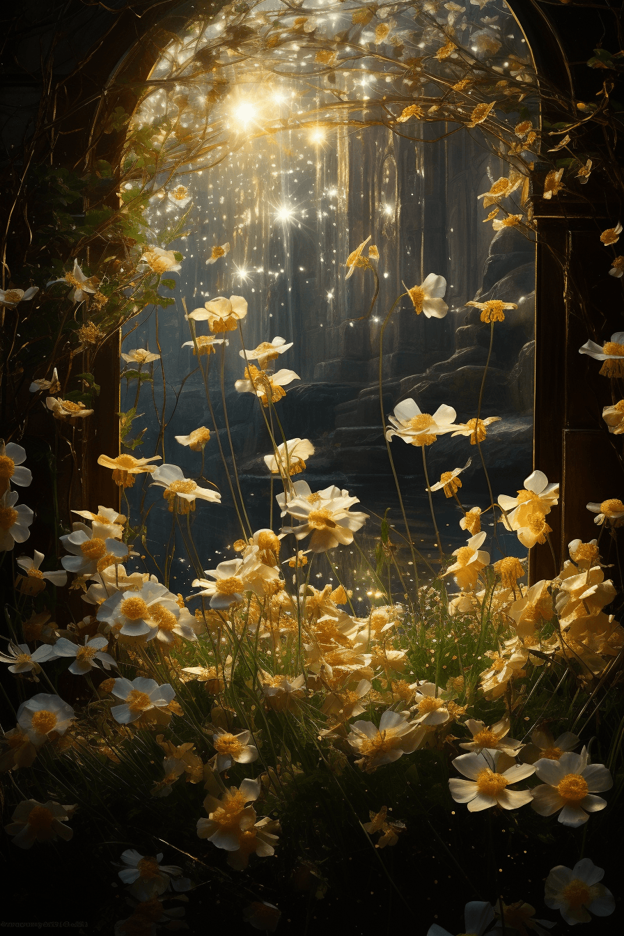 AI generated: Sparklecore Garden, Moonbeams, Shining Flowers, Enchanting Moonbeams, Botanical Scene, glistening Mo...