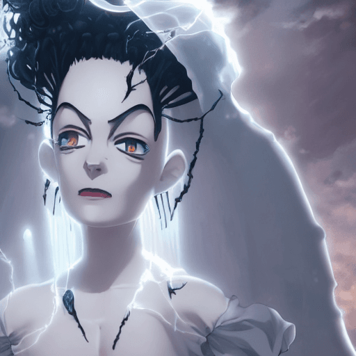 AI generated: bride of frankenstein, close-up, anime, ultra-detailed, white background, HD design by makoto shinka...