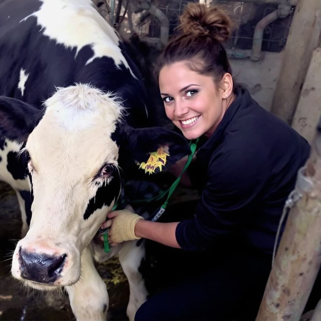 AI generated: In the photo, a woman is milking a cow and looking at the camera.