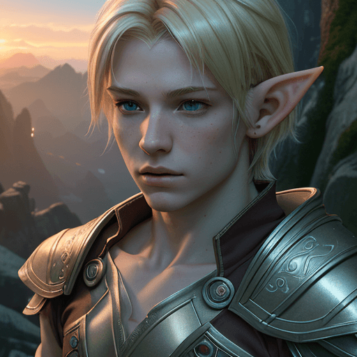 AI generated: Photo of a ultra realistic Elf Male with blonde hair and androgynous face, dramatic light, pale sunr...