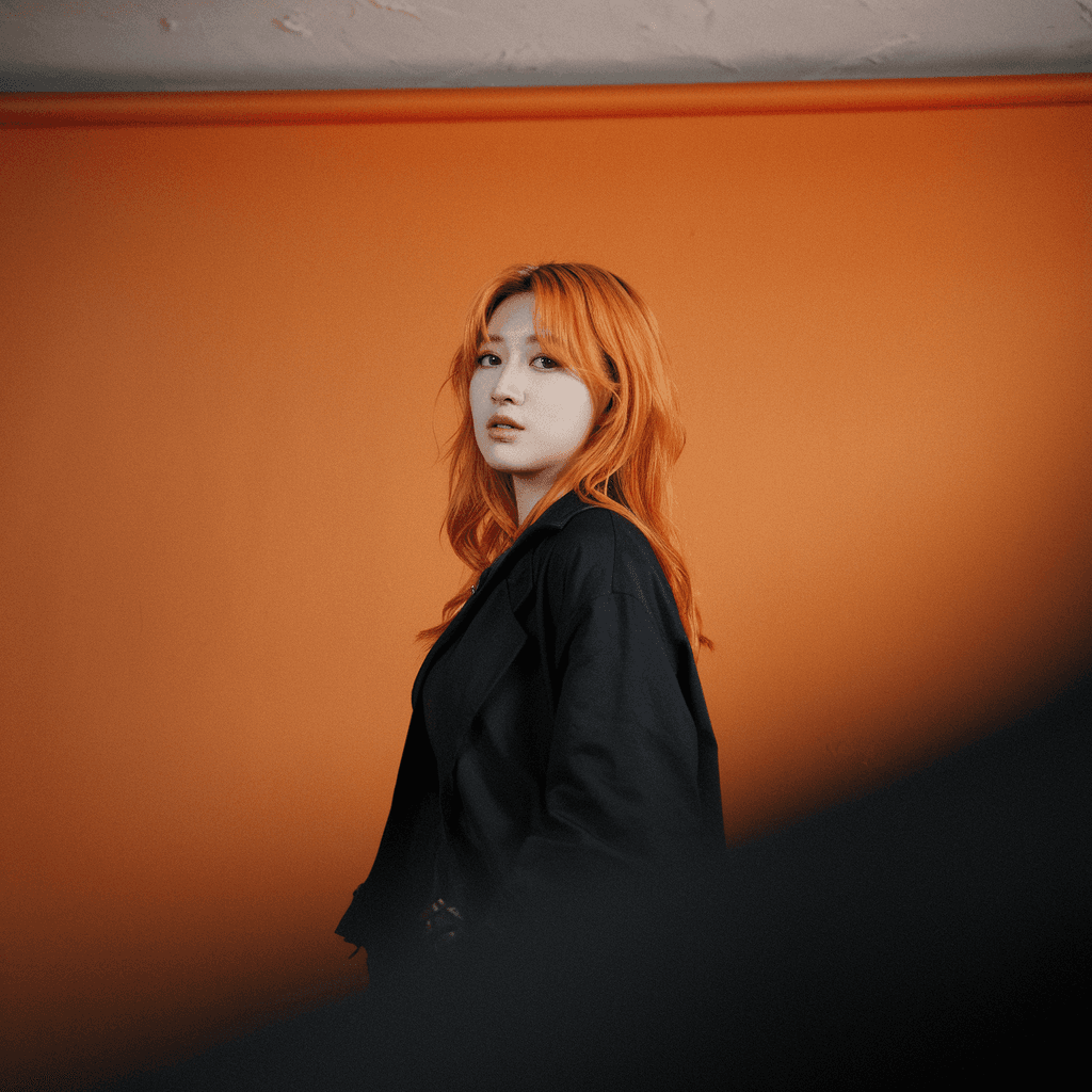 AI generated: photography, orange hue, korean woman model, solid orange backdrop, using a camera setup that mimics...