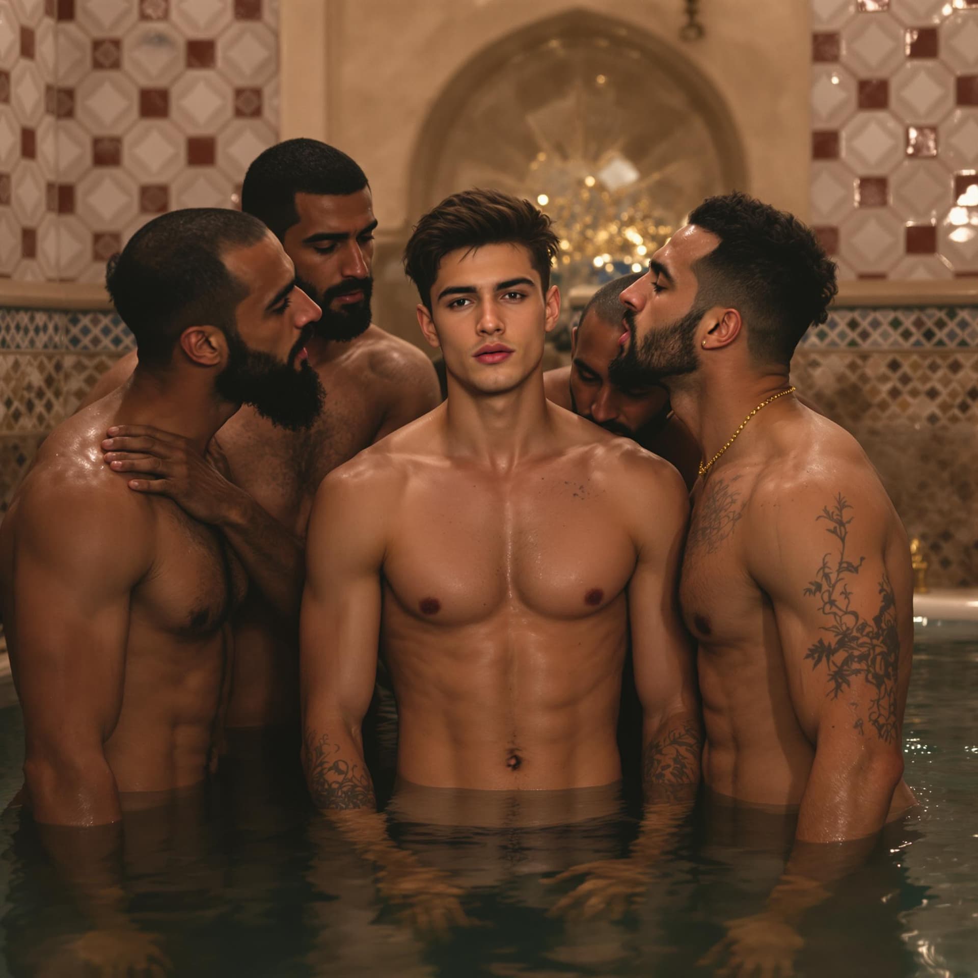 AI generated: a gorgeous nude 18 year old moroccan boy named Mo is surrounded by a group of lusty, tall, strong, m...