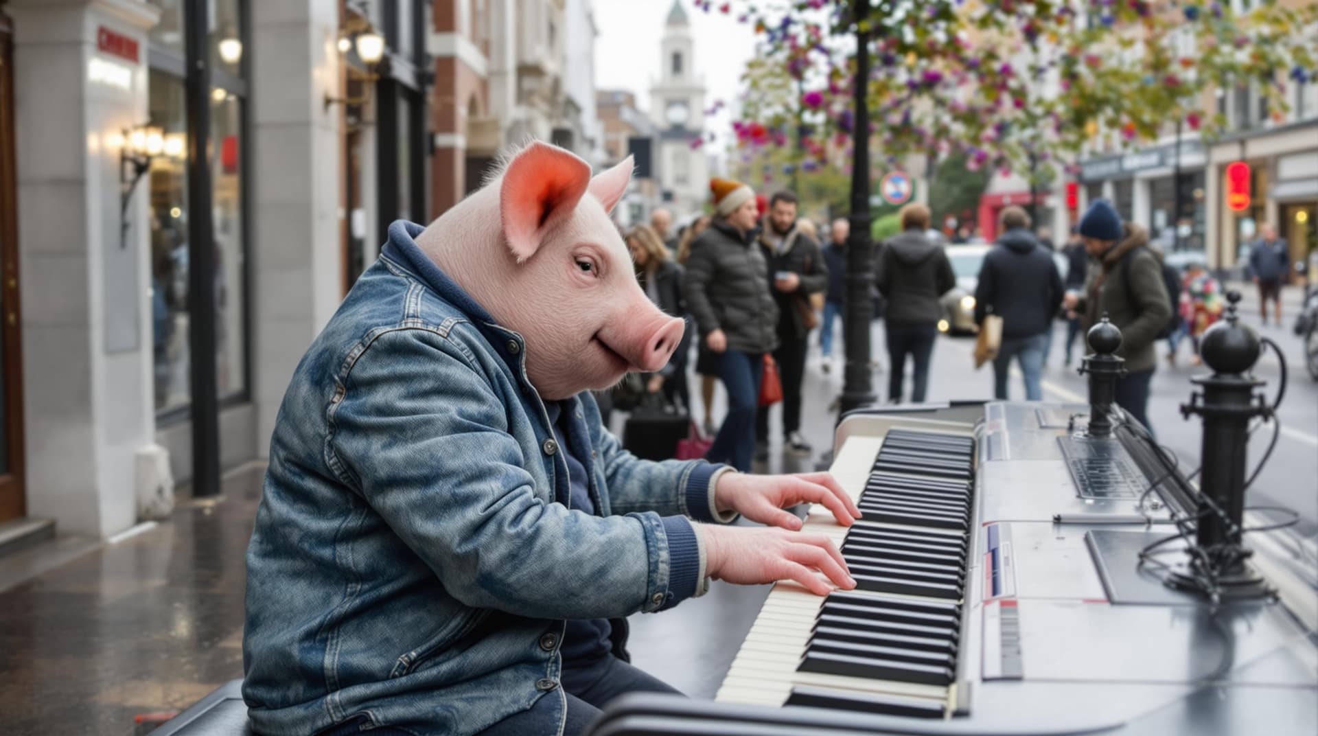 AI generated: a pig is playing piano in london