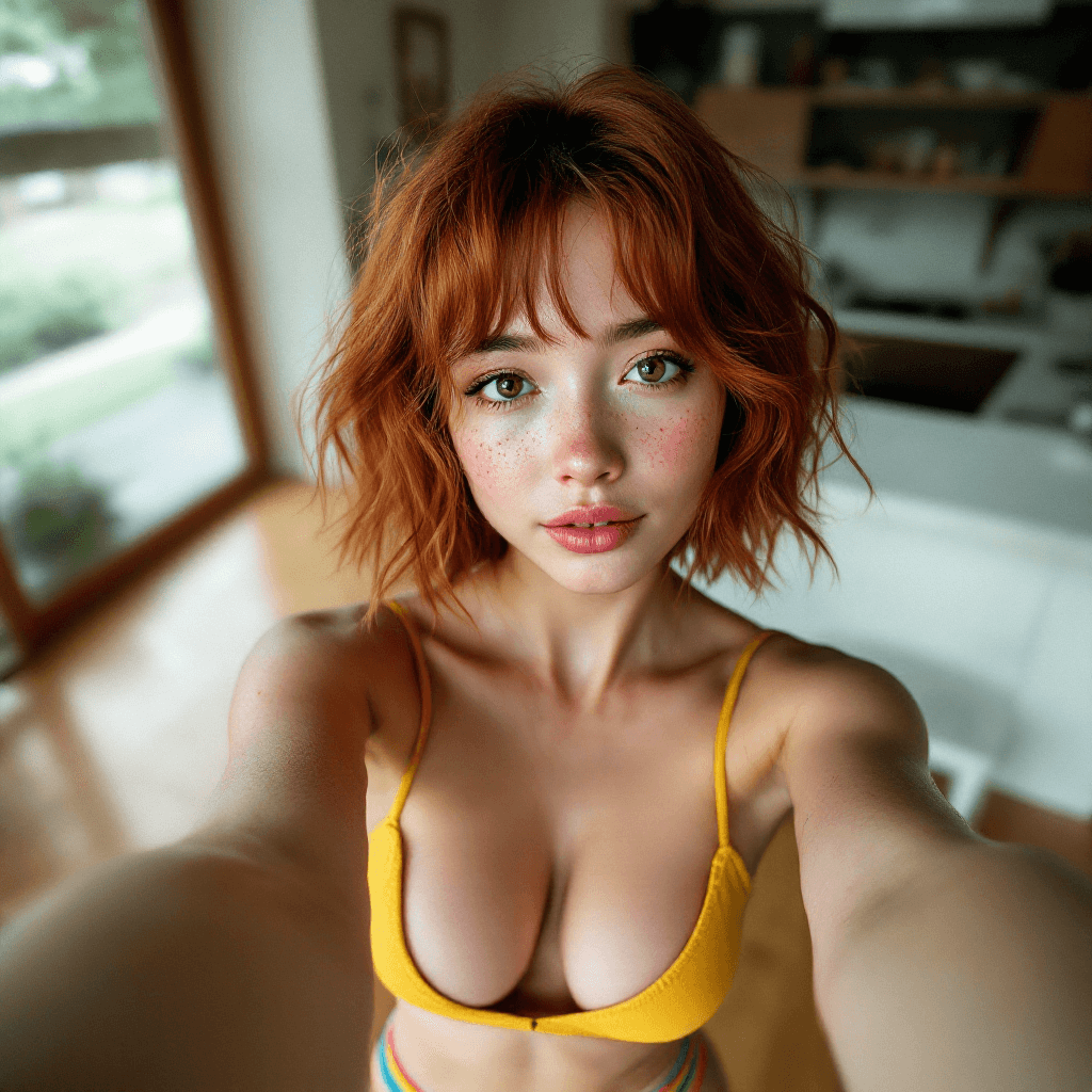 AI generated: photo selfie  a cute Asian woman, oily, standing pose, on wood flooring, cottage core home, covered ...