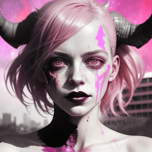 AI generated: ,a glitch art dirty over lay portrait of a demonic horned stunning woman pink lipstick, pink glossy ...