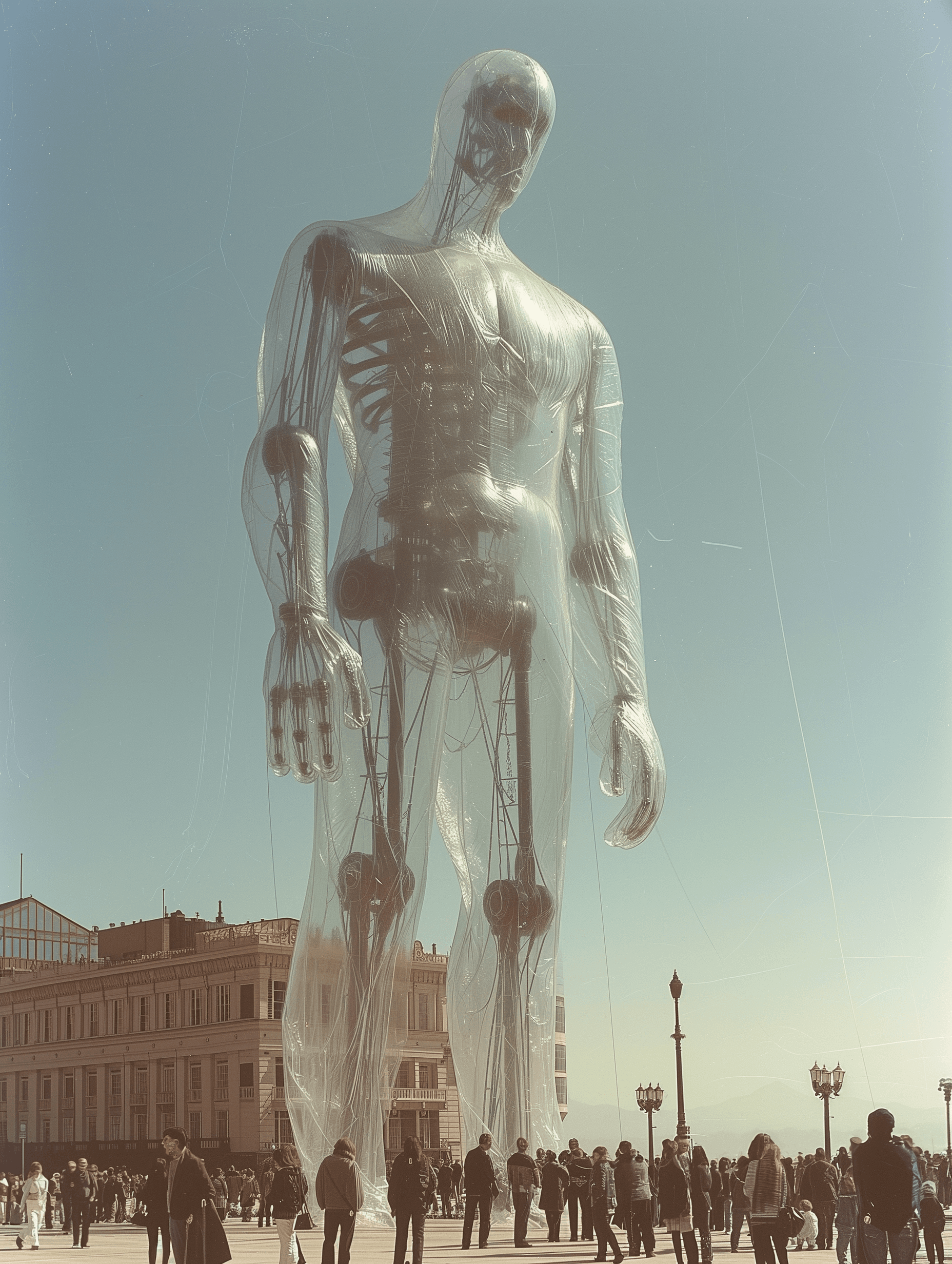 AI generated: tall giant in the piazza from an old photograph, clear plastic wrap outside, steel robot frame insid...