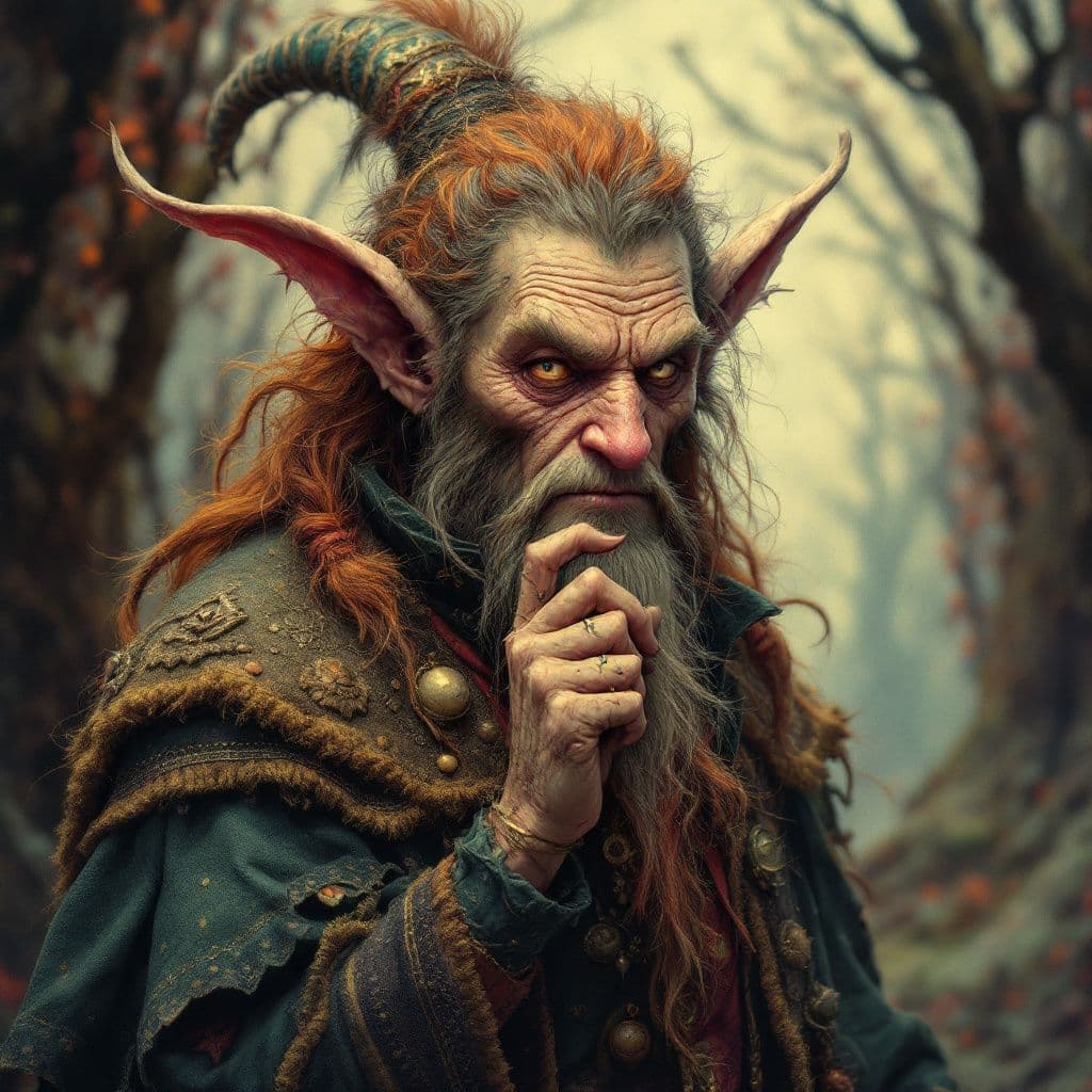 AI generated: A portrait of a folklore character, such as a sly trickster or a benevolent spirit. The style is rem...