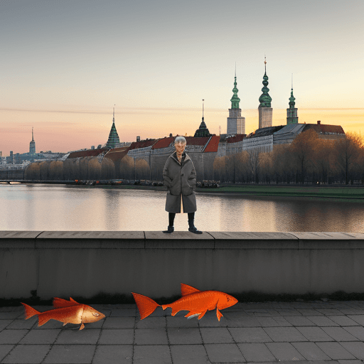 AI generated: crucian carps standing on the ground eating shit from the  silver plate. Warsaw skyline in the backg...