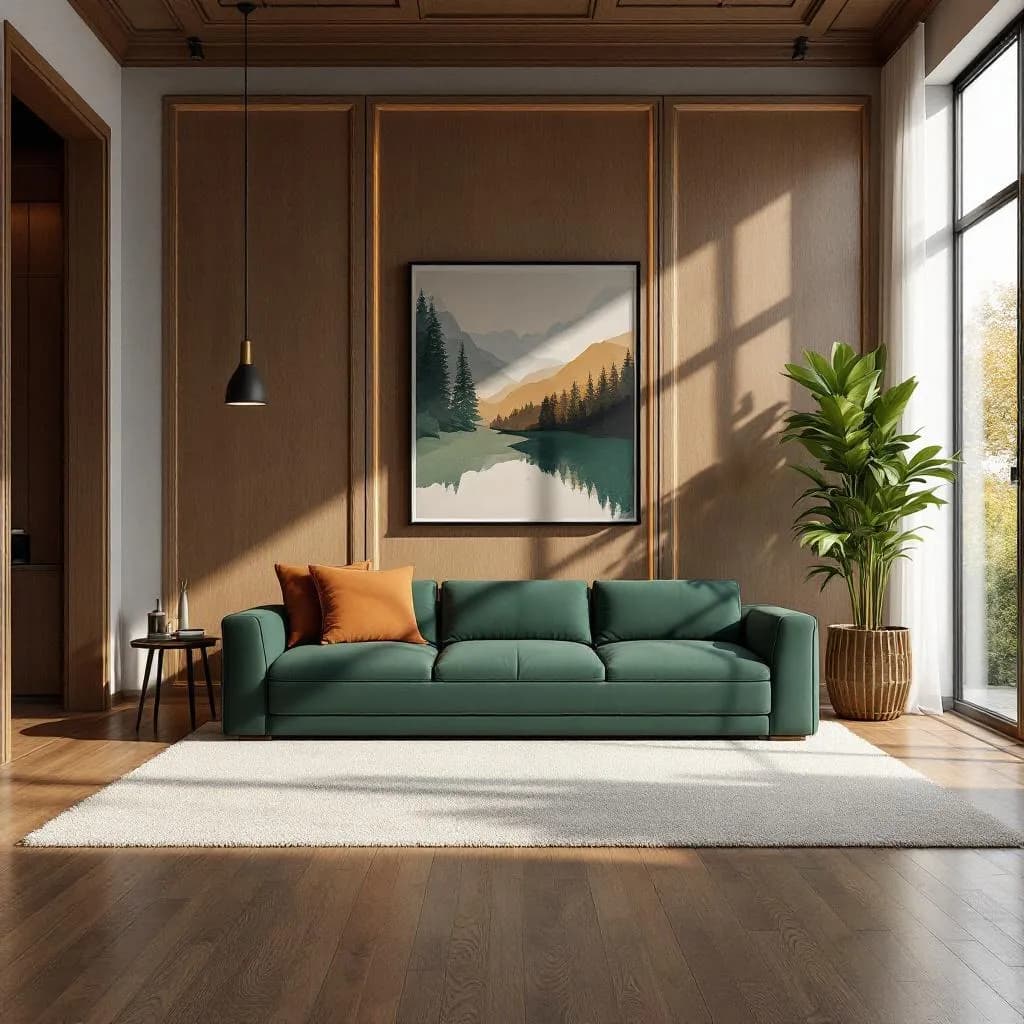 AI generated: High resolution photography interior design, "forest green couch", living room, wooden floor, rug, i...