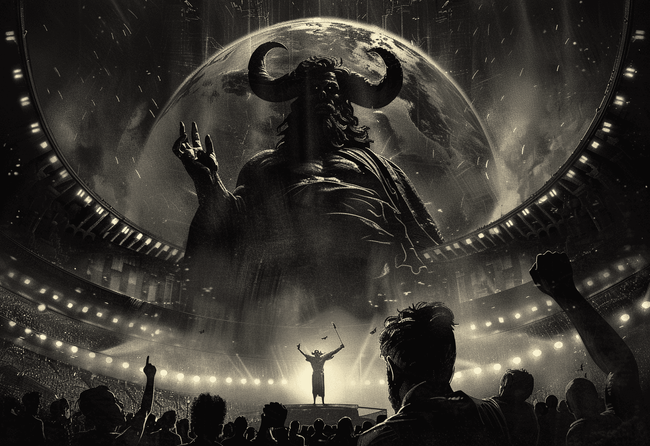 AI generated: A dark and mysterious illustration of an enormous statue atop the globe, Paradise Lost - Satan Presi...