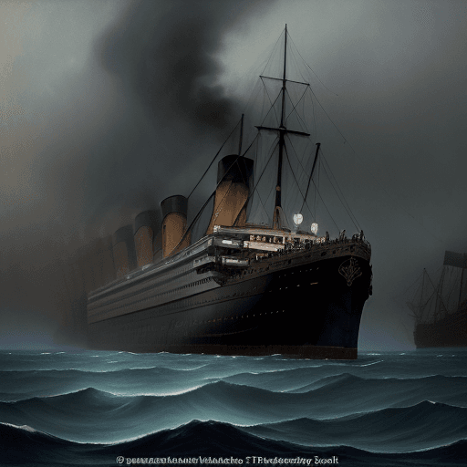 AI generated: The giant ship Titanic, tilted to the left, almost sinking, oil painting technique, Fine Art, most l...