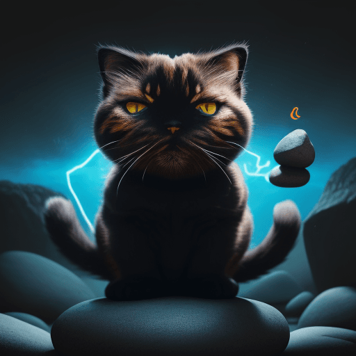 AI generated: Ultra wide angle, low angle shot of an anthropomorphic and realistic Scottish Fold cat in a ninja ou...