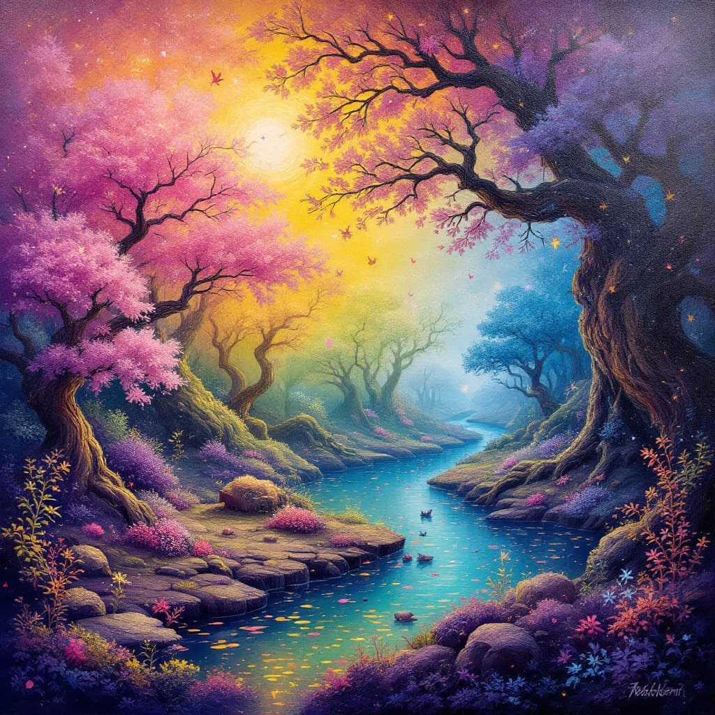 AI generated: Oil painting, enchanted forest,Enchanting descriptions of bubblegum clouds, Mystical woodland with c...