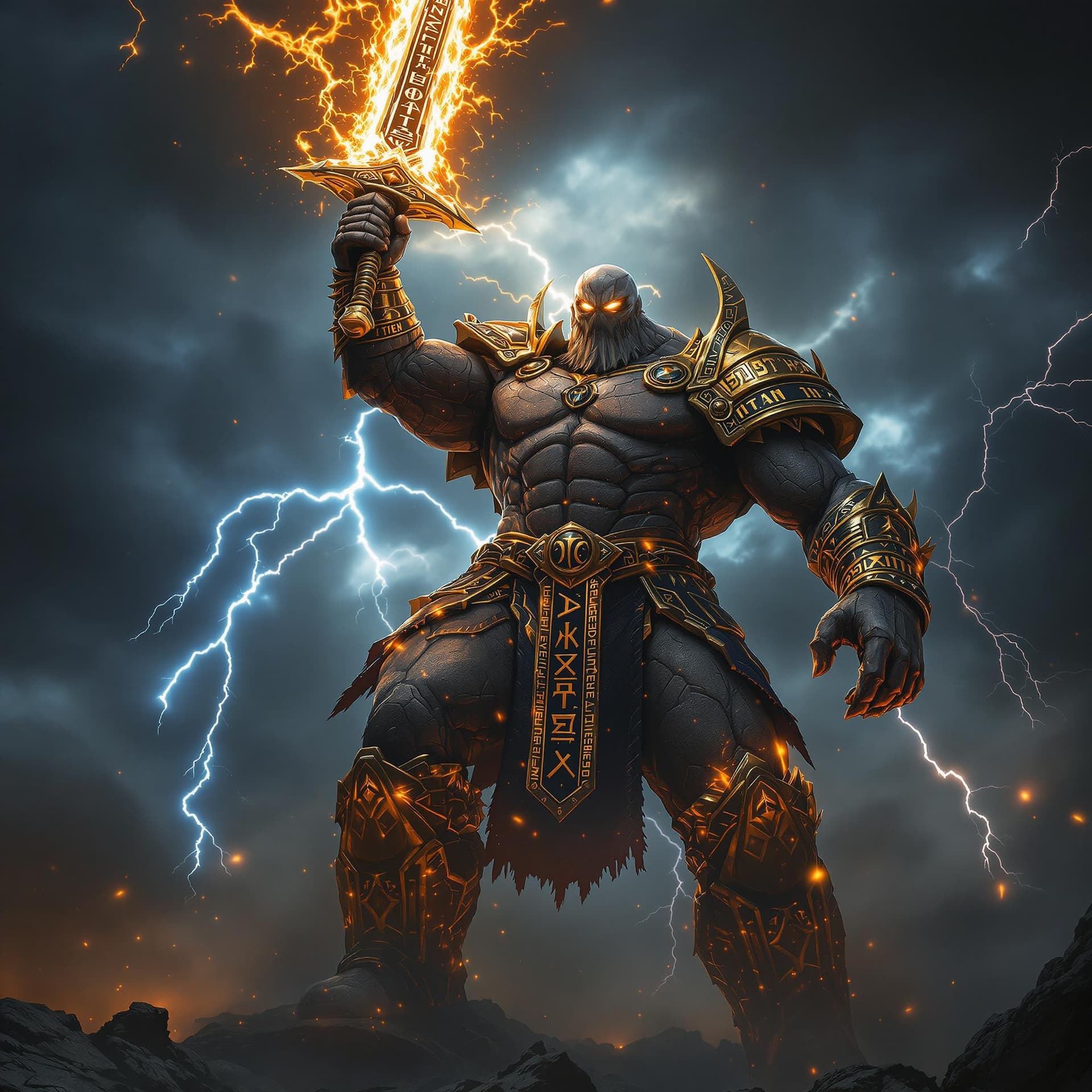AI generated: Titan emerging from the shadows:
A colossal Titan from Greek mythology with glowing eyes and stone-l...
