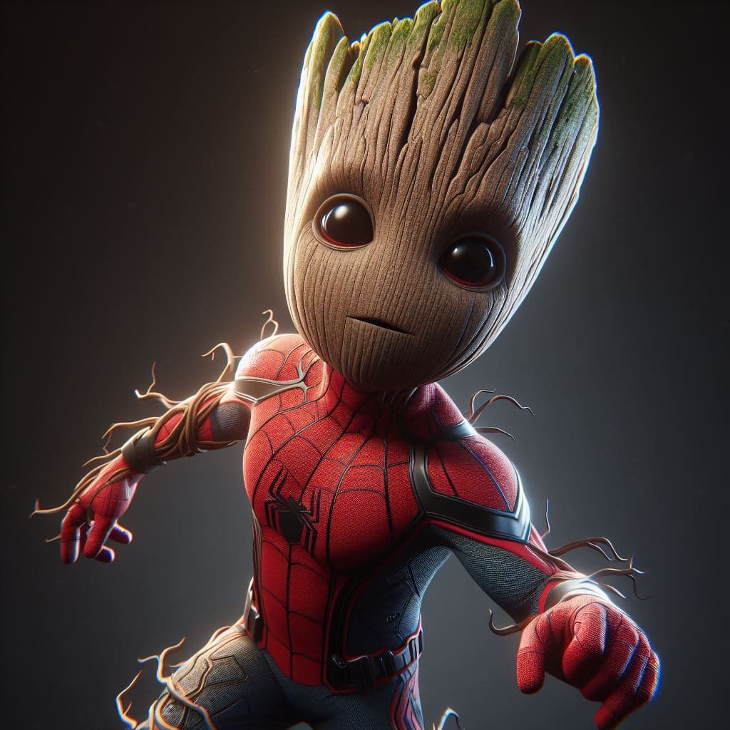 AI generated: Baby Groot of Marvel, disfrazado de Spiderman, masterpiece, 8K, octane render, ray-tracing