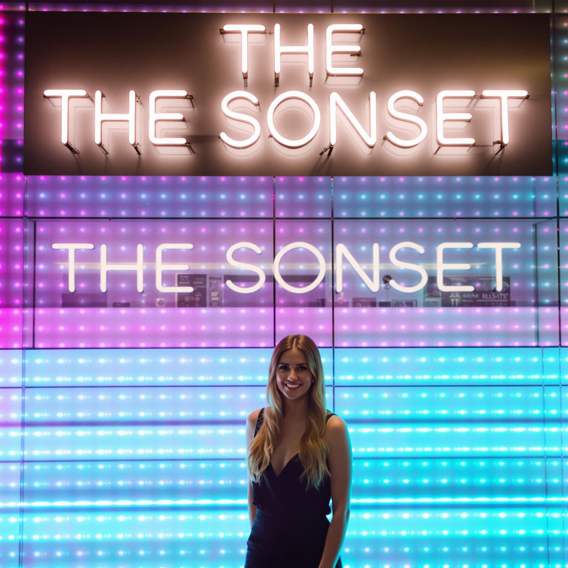 AI generated: a woman stands in front of a neon sign that reads "THE SONSET" in bold white letters. She is dressed...