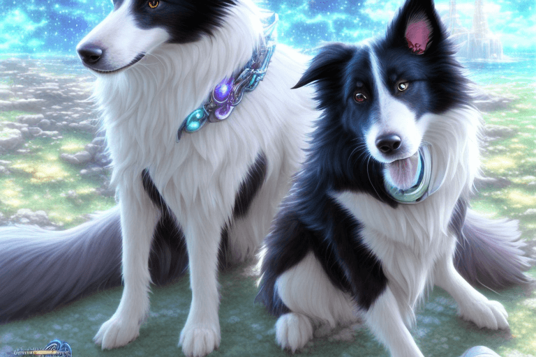 AI generated: border collie dog, cute, kawaii, ultra-detailed, hd, anime, design by makoto shinkai, Granblue Fanta...