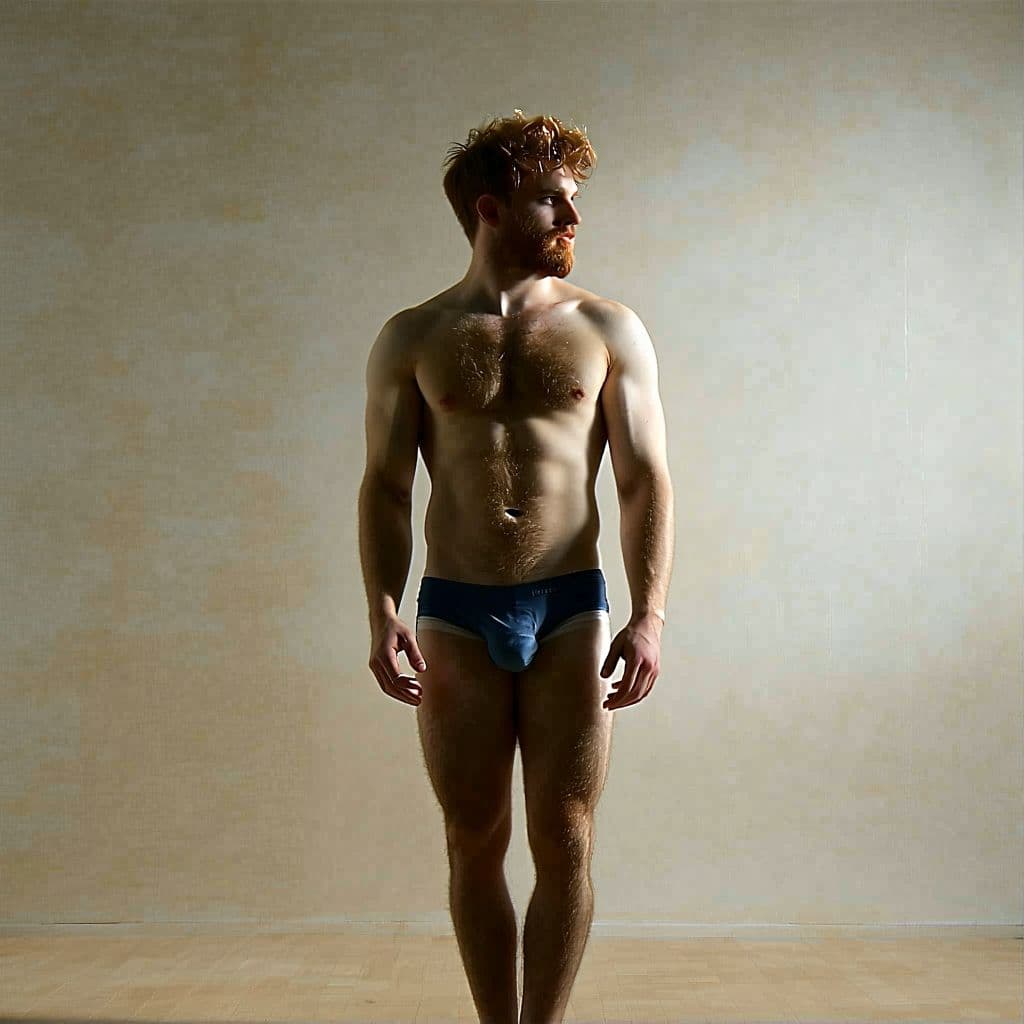 AI generated: nsfw, erotic, naked hairy man, erected cock, full body view