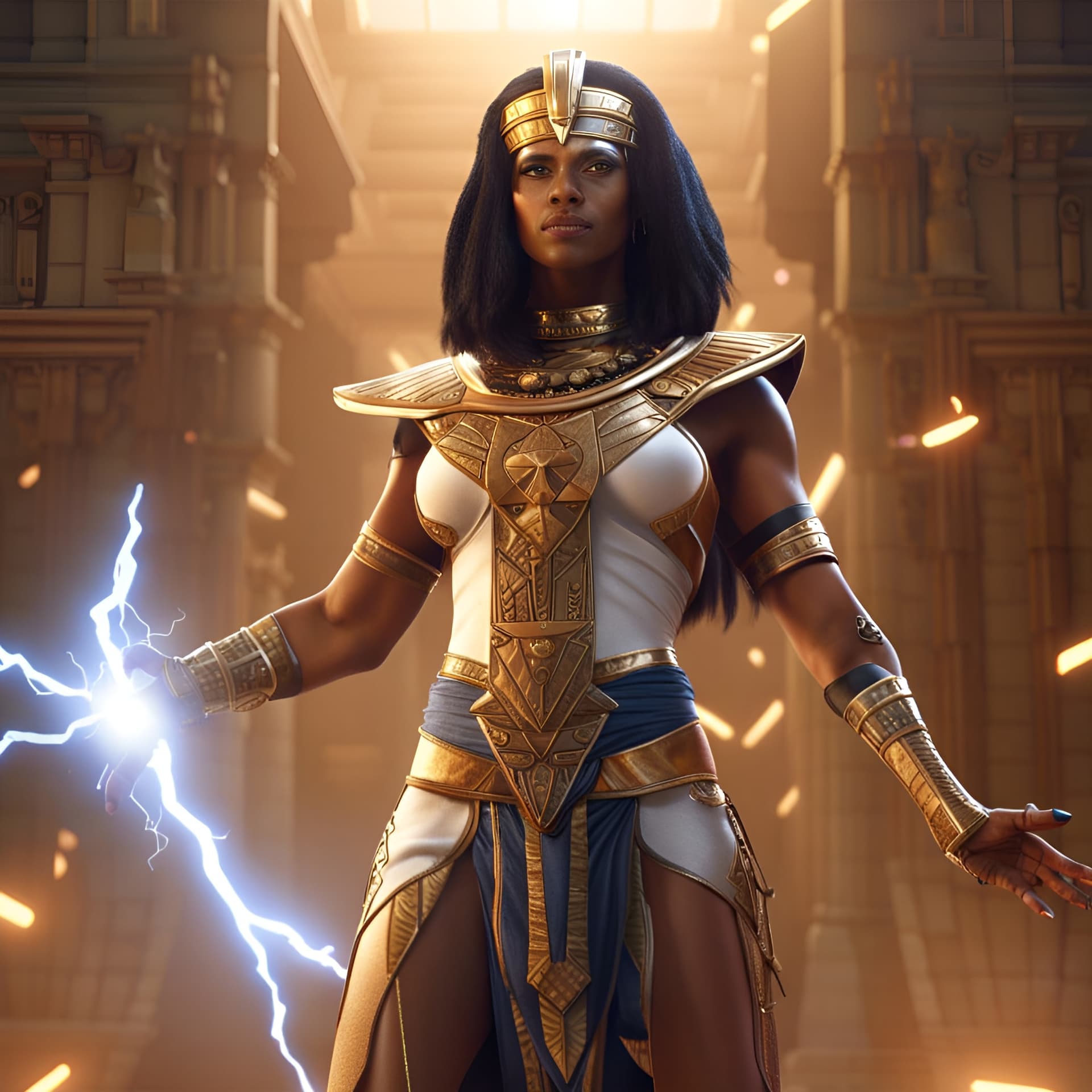 AI generated: Egyptian Pharaoh woman super hero, Amar-set, beautiful, full body, frealistic, Havok pose lightning ...