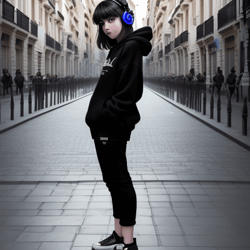 AI generated: masterpiece, girl alone, solo, incredibly absurd, black hoodie, headphones, madrid street, outdoor, ...