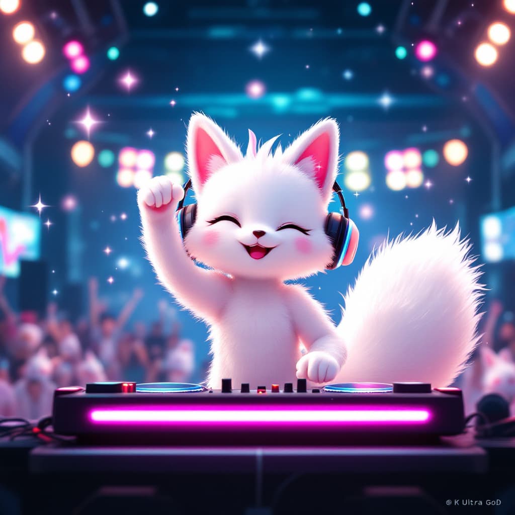 AI generated: No People in the background, white fox, thick tail, cat ears, 20s, DJing, machines are friends, wear...